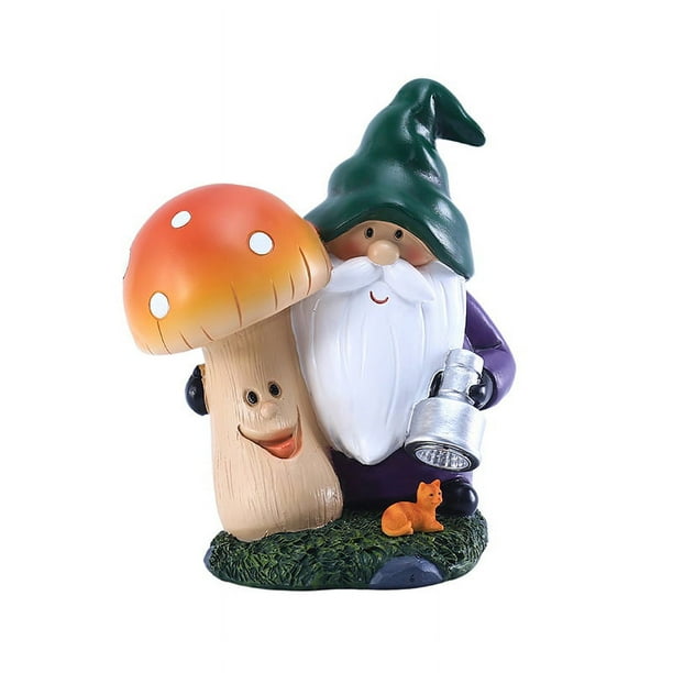 Estatuas de gnomo de jardín – Figura de gnomos de ardilla de resina con luces LED solares en forma de hongo en el tronco, decoraciones de primavera al aire libre para patio, jardín, porche, adorno de