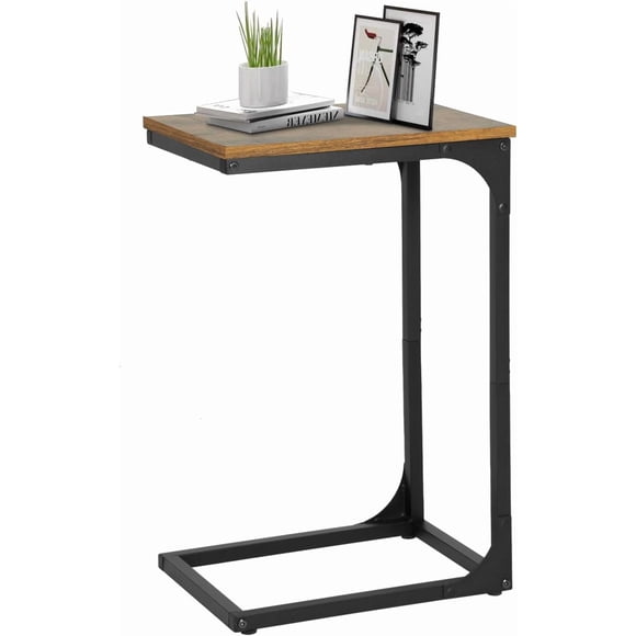 FDW C-Shaped End Table Wooden Top Adjustable Feet Small Bedside, Metal Frame for Bedroom Living Room, Brown