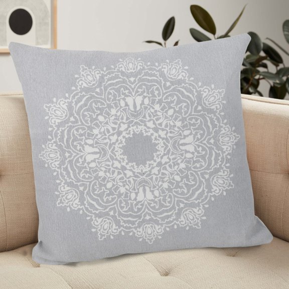 Laddha Home Designs Handwoven Floral Medallion Cotton Throw Pillow Cover - 20" - Gray and White