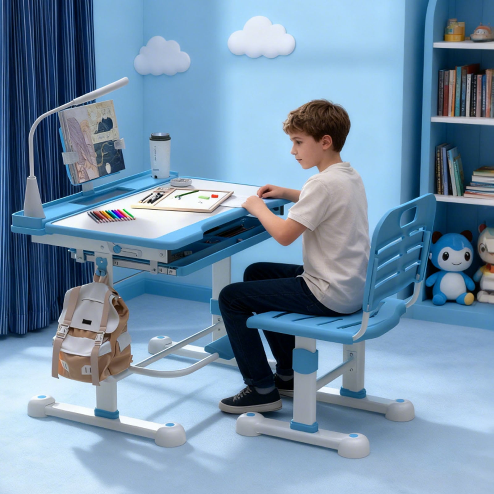 Kids Adjustable Desk & Chair Set with LED Light & Tilt Top, Study Table with Drawer & Bookstand, Blue