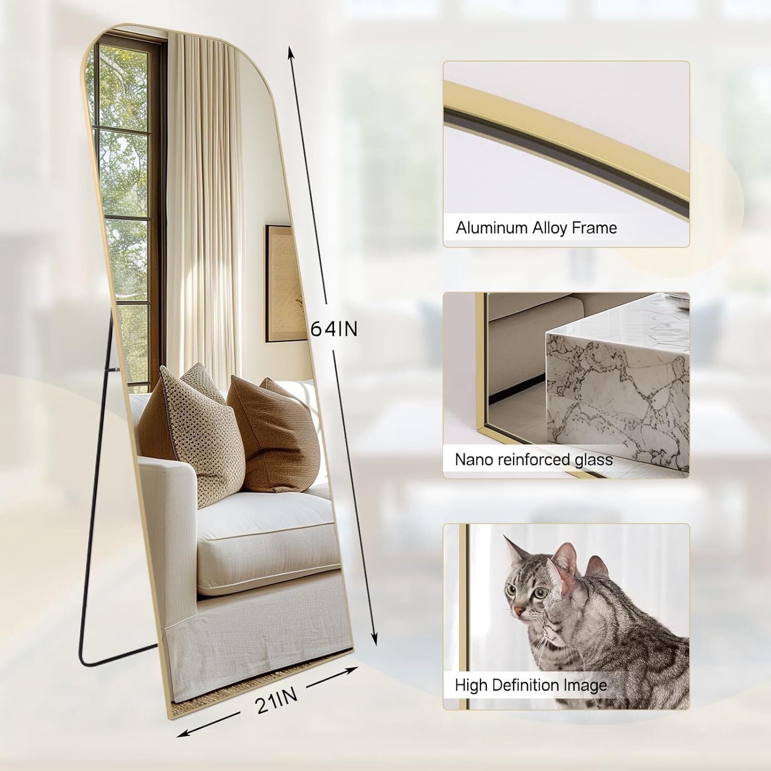 Easy4Home 64"x21" Arched Full Length Mirror Metal Frame Freestanding Mirror Wall-Mounted, Gold
