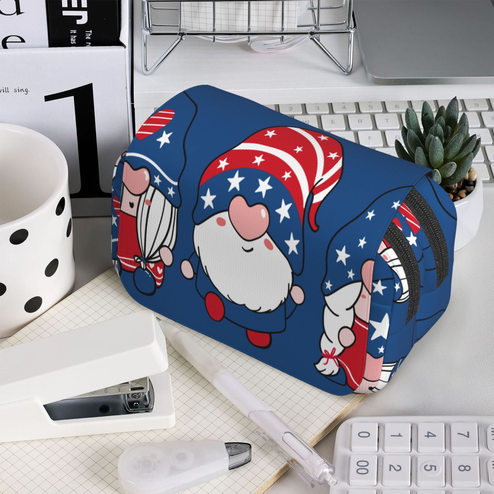 Rateoe Three Gnome Independence Day Pattern Double Clamshell Pen Case, Storage Organizer with Two Zipper Compartments– Holds Up to 50 Pencils & Pens