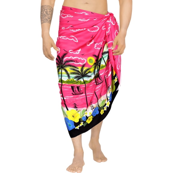 HAPPY BAY Men's Swim Trunk Bathing Suit Sarong Pareo Beach Wrap One Size Tropical, Pink Summer Vacation Party