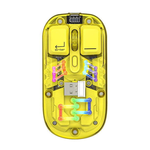 Ratones inalámbricos transparentes de modo dual, BT5.0 2.4G Conmutación de un botón, Ratón recargable tipo C 400 mAh, Luces refrigeradas por agua RGB ajustables de tres niveles DPI Cubierta m