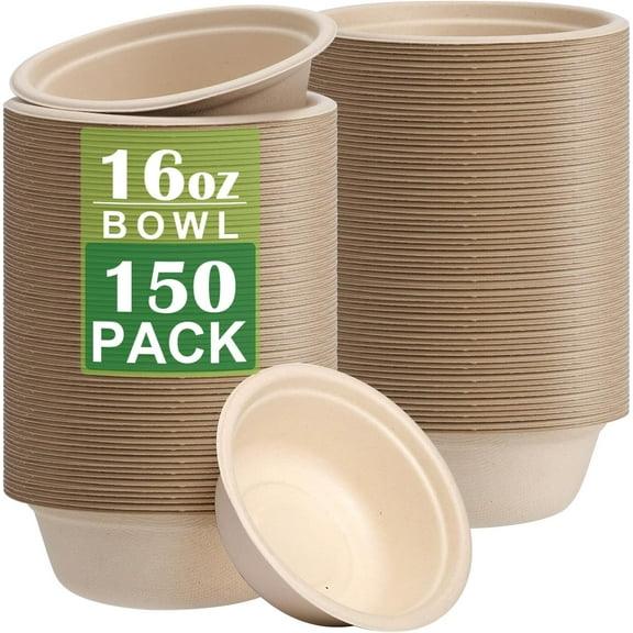 150 Pack Compostable Paper Bowls,16oz Heavy-Duty Disposable Paper Bowls,Natural Wheatstraw Fiber Compostable Bowls,Eco-friendly Disposable Soup Bowls Leakproof & Microwave Safe for Hot or Cold Use