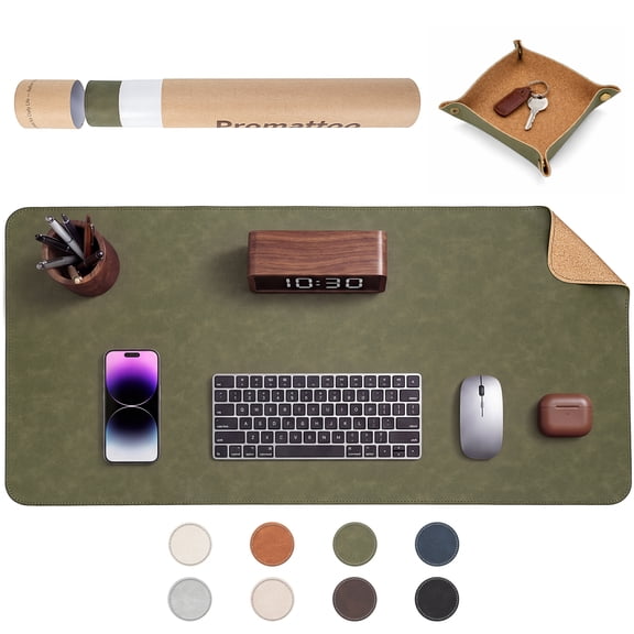 Promattoo 31.5" x 15.7" Waterproof Non-Slip PU Leather Desk Pad Protector with Storage Tray & Premium Gift Box, Desk Mat Blotter Writing Pad for Office, Home & Gaming,Olive Green