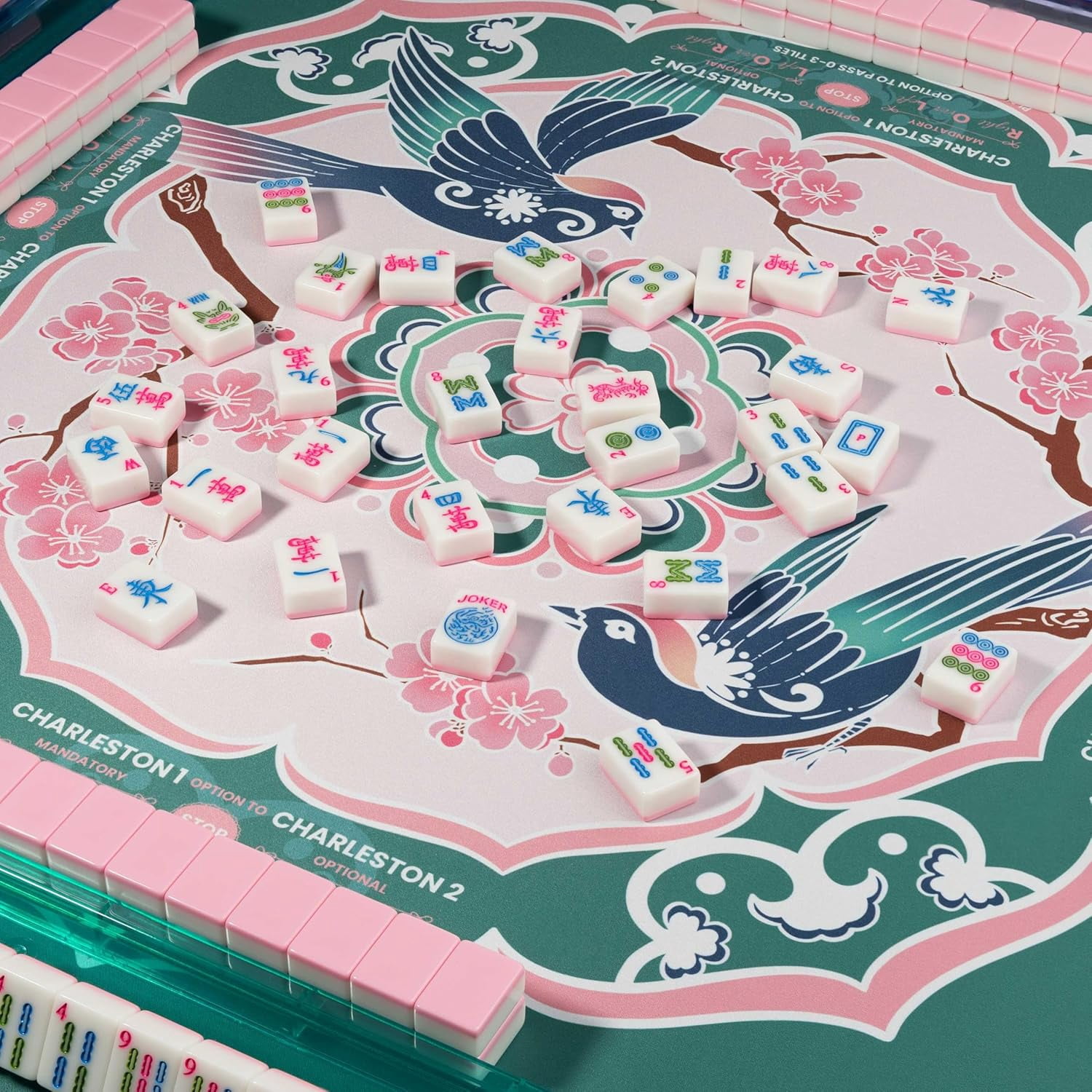 Designer Mahjong Mat - American Mah jongg Mat for Table 31.5x31.5 Inch Non-Slip Noise Reduction Mahjong Mat with Rules, Portable Gaming Mat for Poker, Tiles & Dominoes (Happiness Alights-Bird)