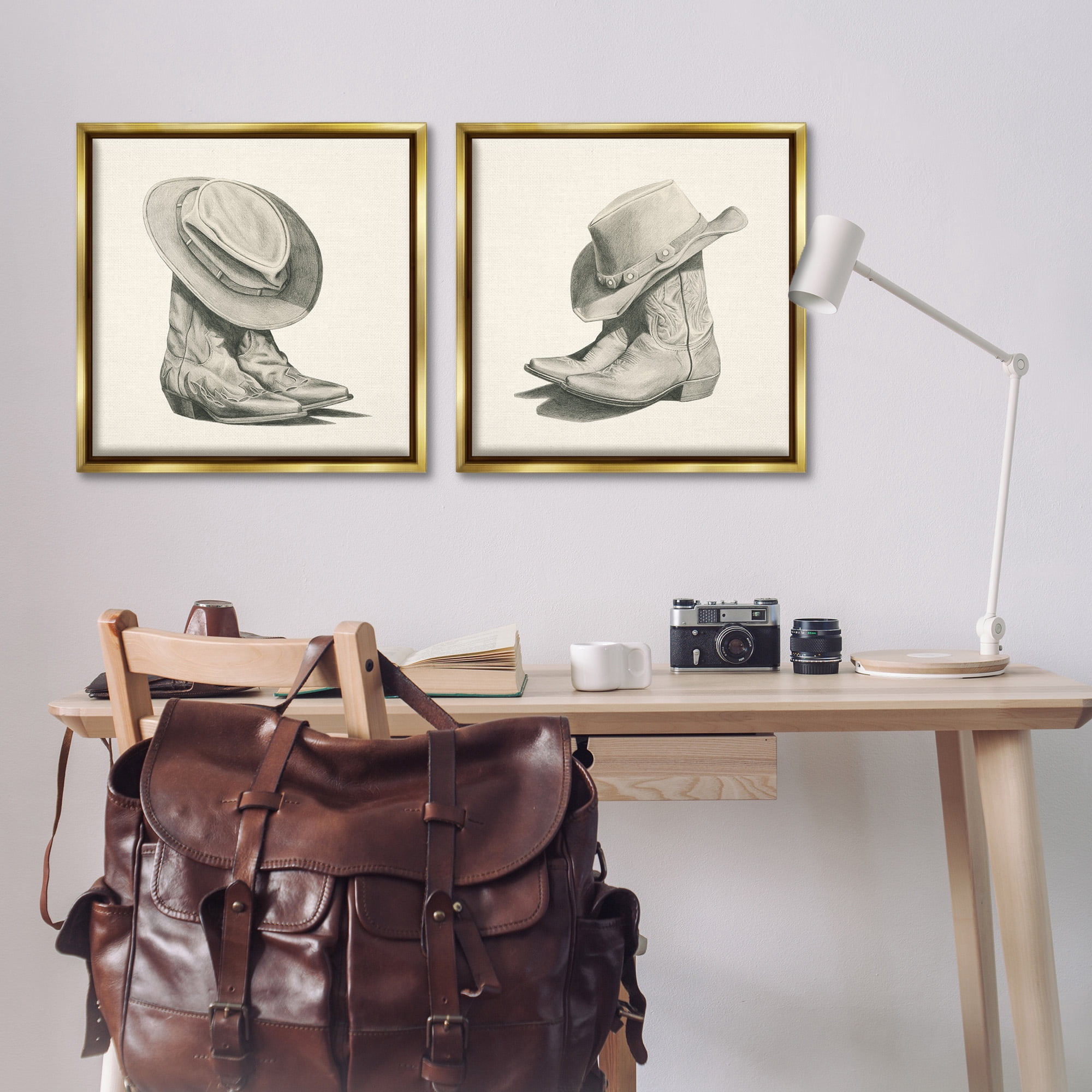Stupell Industries Rustic Cowboy Boots Beauty & Fashion Drawing Gold Floater Framed Canvas Art Print Wall Art, 25 x 25, Set of 2