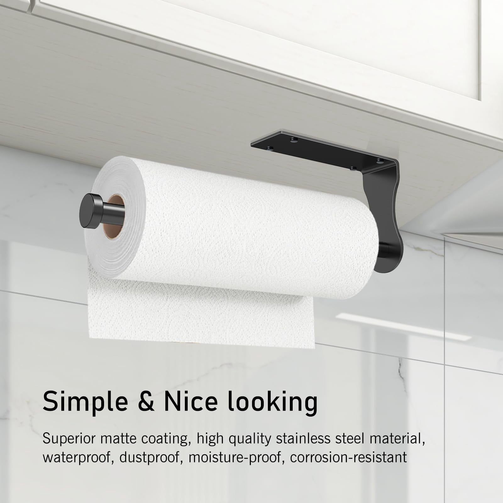 Single-Hand Paper Towel Holder Under Cabinet with Adjustable Damper, Easy Tear, Wall Mount or Self-Adhesive, Black