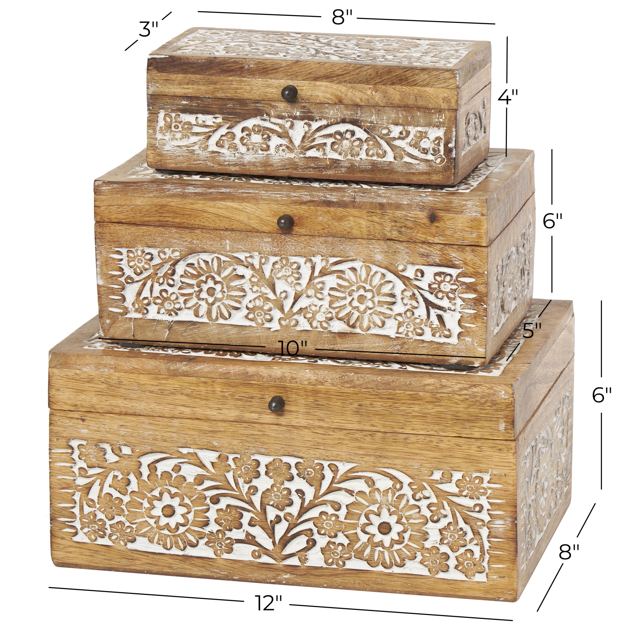DecMode Coastal Carved Flower Wooden Decorative Box with Natural Brown Finish, Set of 3 8" , 10", 12"H