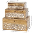 thumbnail image 4 of DecMode Coastal Carved Flower Wooden Decorative Box with Natural Brown Finish, Set of 3 8" , 10", 12"H, 4 of 18
