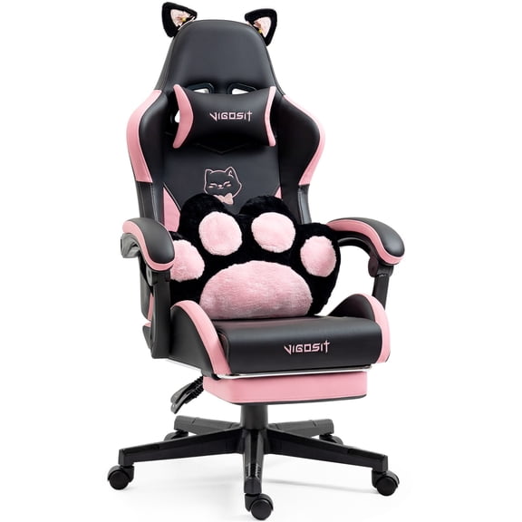 Cute Gaming Chair with Cat Ears,Ergonomic Computer Chair with Footrest Cat Paw Lumbar Support Comfortable Reclining Game Chair Desk Chair for Adult Teens, Soft Fabric, Pink Black
