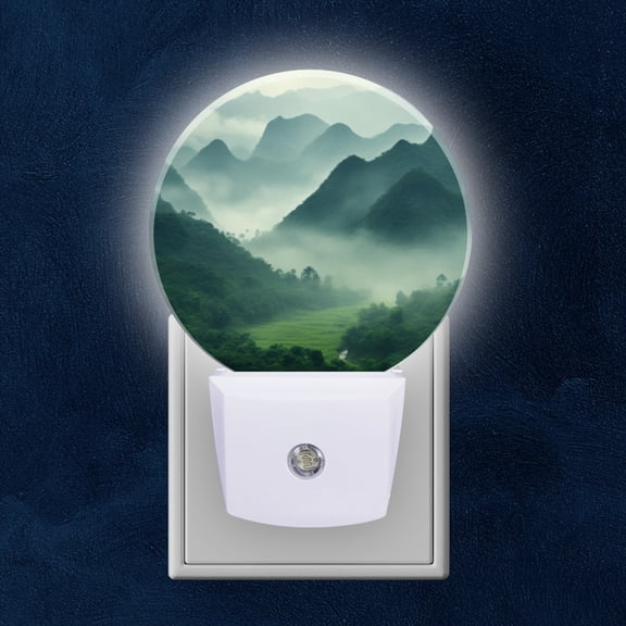 Round LED Night Lights Lamp with Dusk to Dawn Sensor, Cloud Veiled Mountains With Green Valley And Stream Night Light Plug Into Wall for Kids Room, Bedroom, Bathroom, Kitchen, Hallway