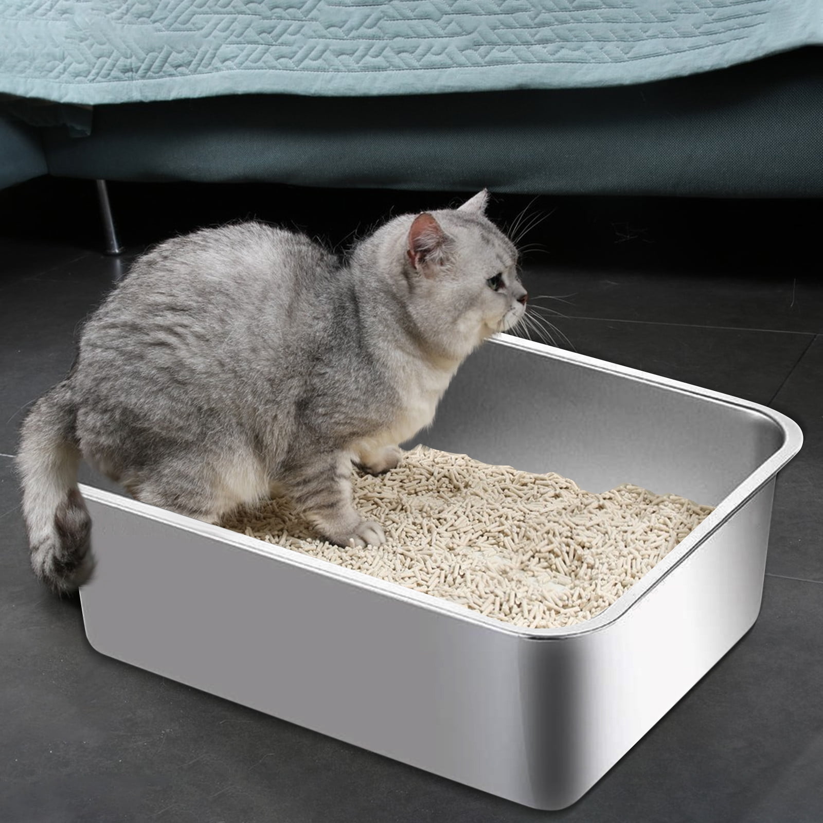 Stainless Steel Cat Litter Box, 17.7 X 13.8 X 3.9 inch Extra Thick Flat Bottom, Open top design with Low Entry, Ideal As A Kitty Litter Box and Small Cat Litter Box for