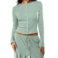 thumbnail image 2 of Women's Striped 2 Piece Pants Outfits Long Sleeve Button Down Knit Top Set Leisure Vacation Green M, 2 of 10