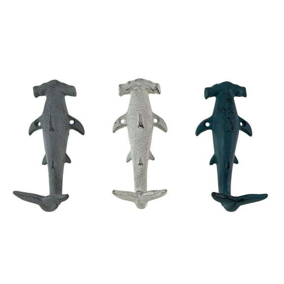 Zeckos Hammerhead Shark Wall Hooks Set – Cast Iron Nautical Decor, 5 inches High