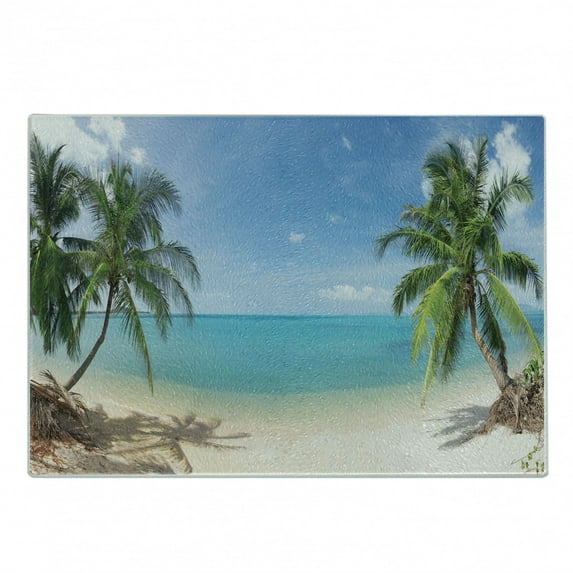 Ocean Cutting Board, Panoramic View of Tropical Sandy Beach Exotic Vacation Theme Print, Decorative Tempered Glass Cutting and Serving Board, Small Size, Pale Brown Turquoise, by Ambesonne