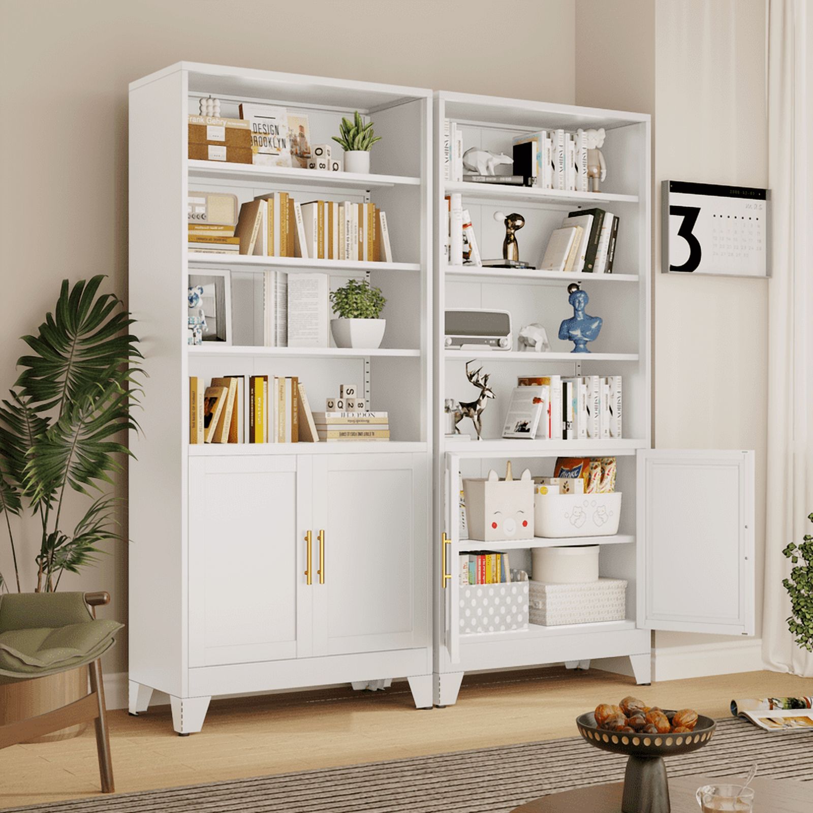 71"H Tall Metal Bookcase/Bookshelf with Doors And 4 Adjustable Shelves for Storage