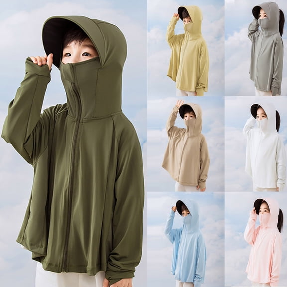 ZHOGXU Kids Girls Boys Summer Hooded Coat Long Sleeve Solid Color Zip Up Sun Protection Lightweight Breathable Loose Fit Jacket Top For Outdoor Activities,Dark Green,14-16 Years