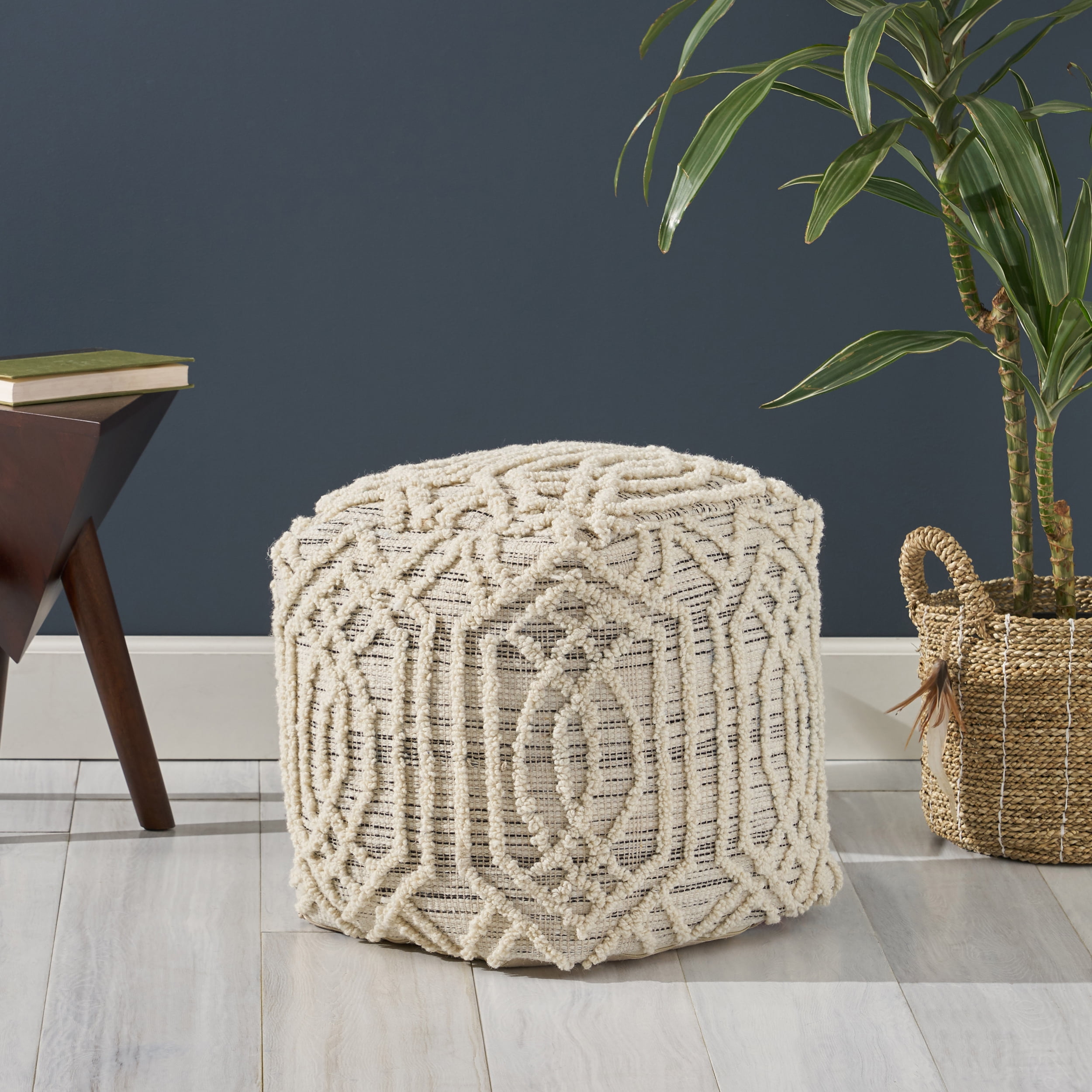 Noble House Amiya Boho Wool and Cotton Ottoman Pouf, Gray and Ivory