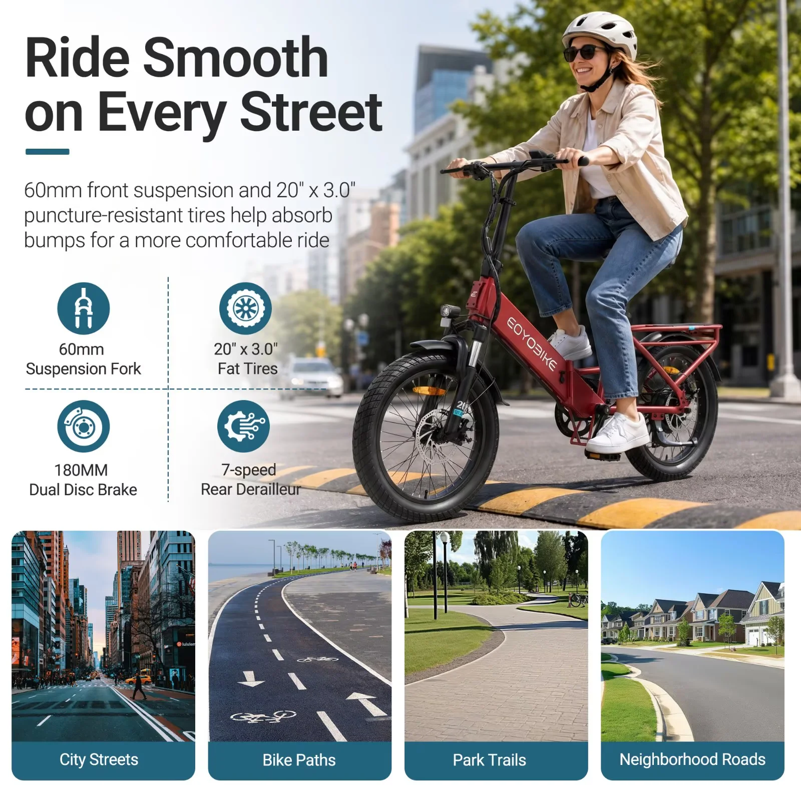 Lilypelle Folding Electric Bicycle for Adults, 20"×3.0 Fat Tire 7 Speed Step-Thru Electric Cargo Bicycle, 500Wh Built-in detachable battery, Peak 1000W Rear Motor，20MPH, Fits for 4'9" to 6'5"