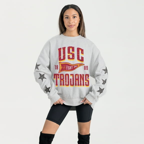 Women's Gameday Couture Ash USC Trojans Oversized Pennant Pride Rhinestone Star Sleeve Sweatshirt