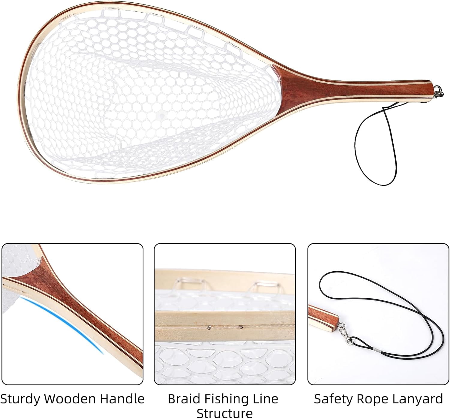 ATENOW Fly Fishing Landing Net Trout Fishing Net, Soft Rubber Catch and Release Fish Net with Wooden Handle Frame, 61.2*27.3*1.8cm
