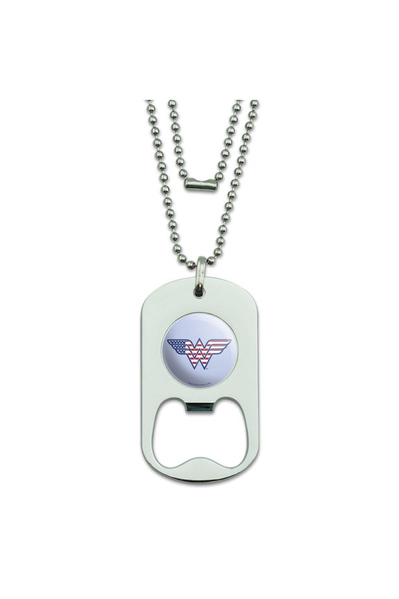 Wonder Woman USA American Flag Logo Military Dog Tag Bottle Opener Pendant
