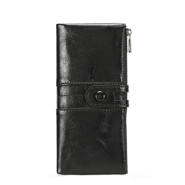 Cartera grande de piel vintage para mujer - Cartera de piel para mujer con protección RFID - Cartera para mujer con 13 ranuras para tarjetas y bolsillo para teléfono móvil, piel sintética negra