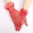 thumbnail image 4 of Visland 1 Pair Women Prom Gloves See-through Lace Bow Rhinestone Decor Hollow Out Fishnet Ruffle Edge Thin Full Finger Performances Bride Wedding Glove, 4 of 8