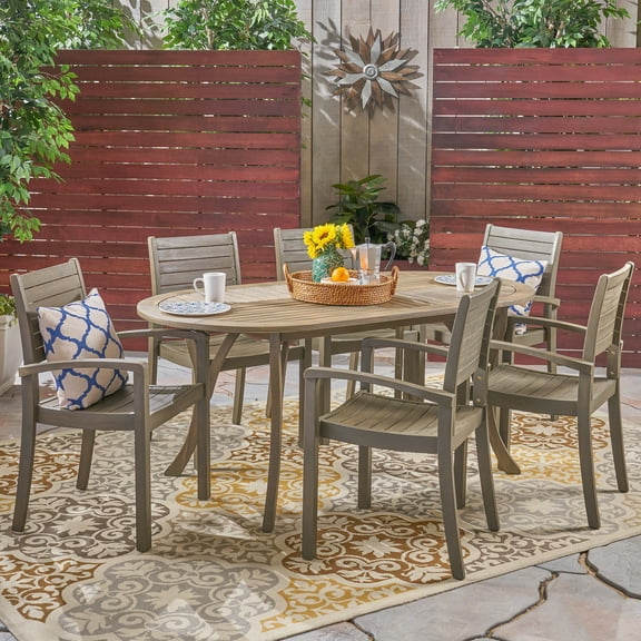 Adriana Outdoor 7 Piece Acacia Wood Oval Dining Set, Gray