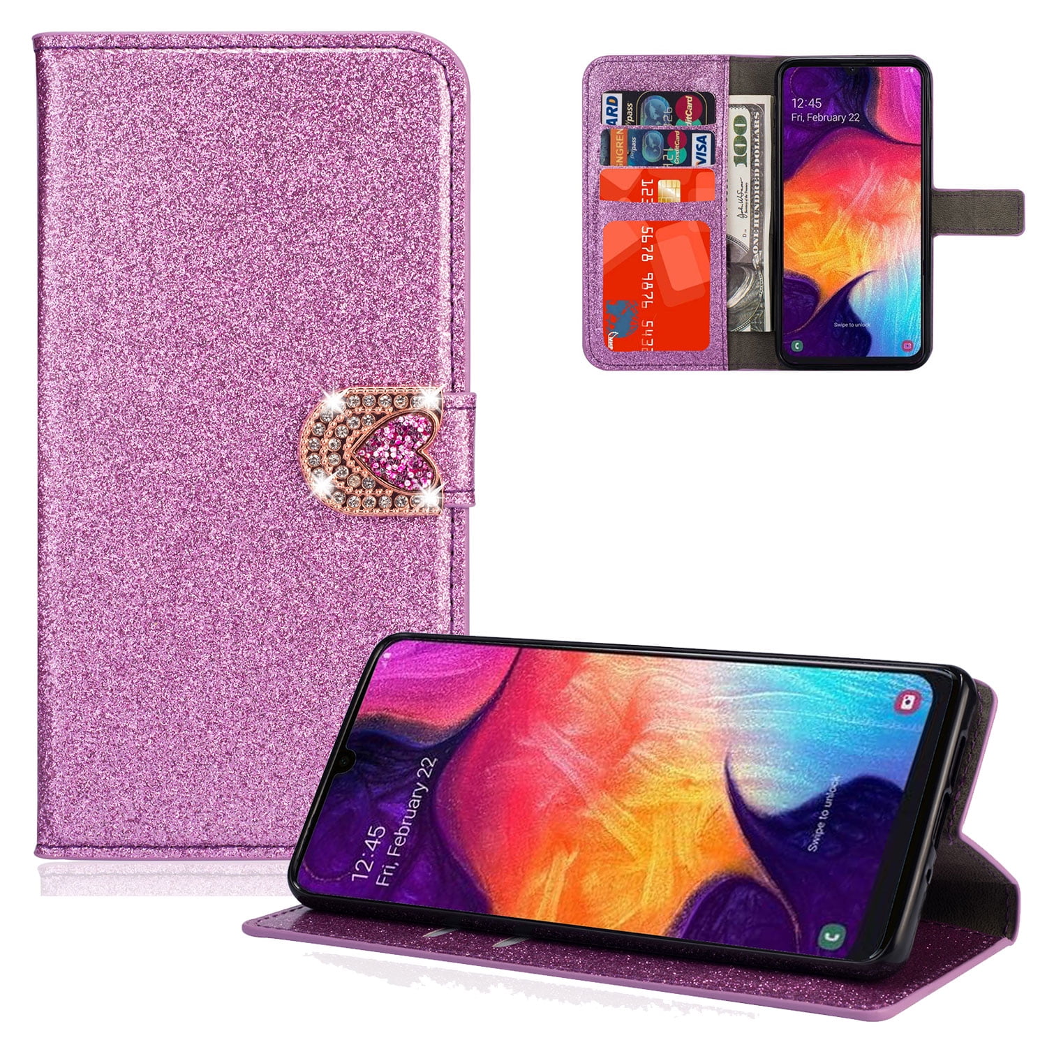 Allytech Galaxy A50 Wallet Case for Girls Women, PU Leather Glitter