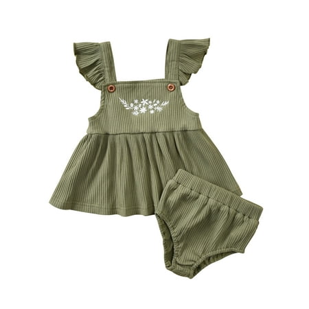 

Canrulo Baby Girls Summer Clothes Ribbed Ruffle Crop Top Floral Embroidery Sleeveless Tank Shirt Shorts Set Green 6-9 Months