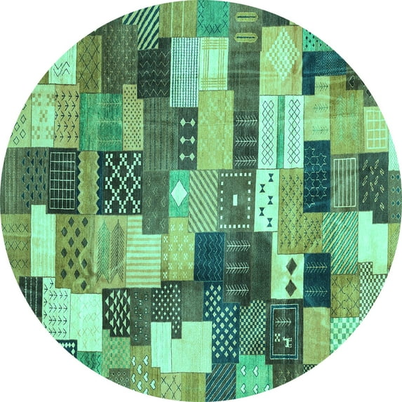 Ahgly Company Machine Washable Indoor Round Checkered Turquoise Blue Modern Area Rugs, 8' Round