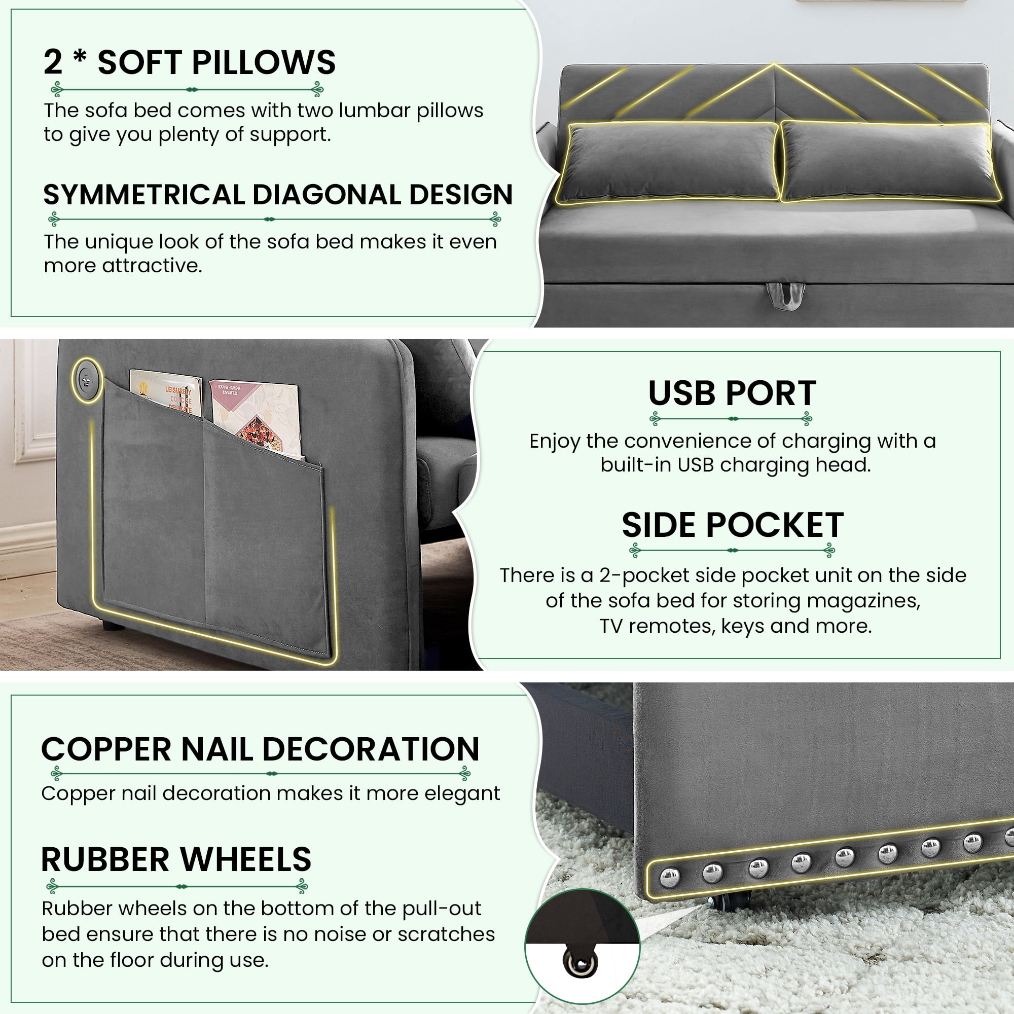 Dinosisco Convertible Sleeper Loveseat with USB, 55" Velvet Futon Sofa Bed, Gray