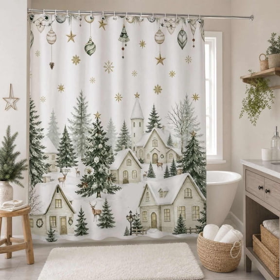 Christmas Waterproof Shower Curtain with Built-In Hooks, No Drill Mount Bathroom Curtain, Holiday Decoration and Daily Shower Partition, Polyester Bath Curtain