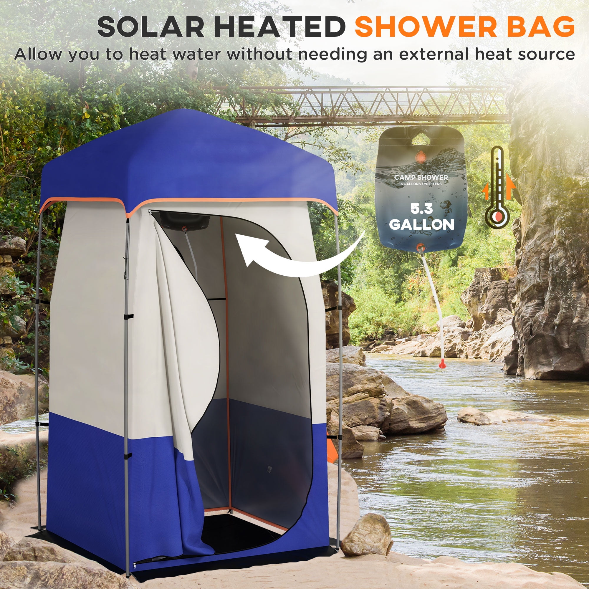 Outsunny Camping Shower Tent with Solar Shower Bag and Carrying Bag, Blue