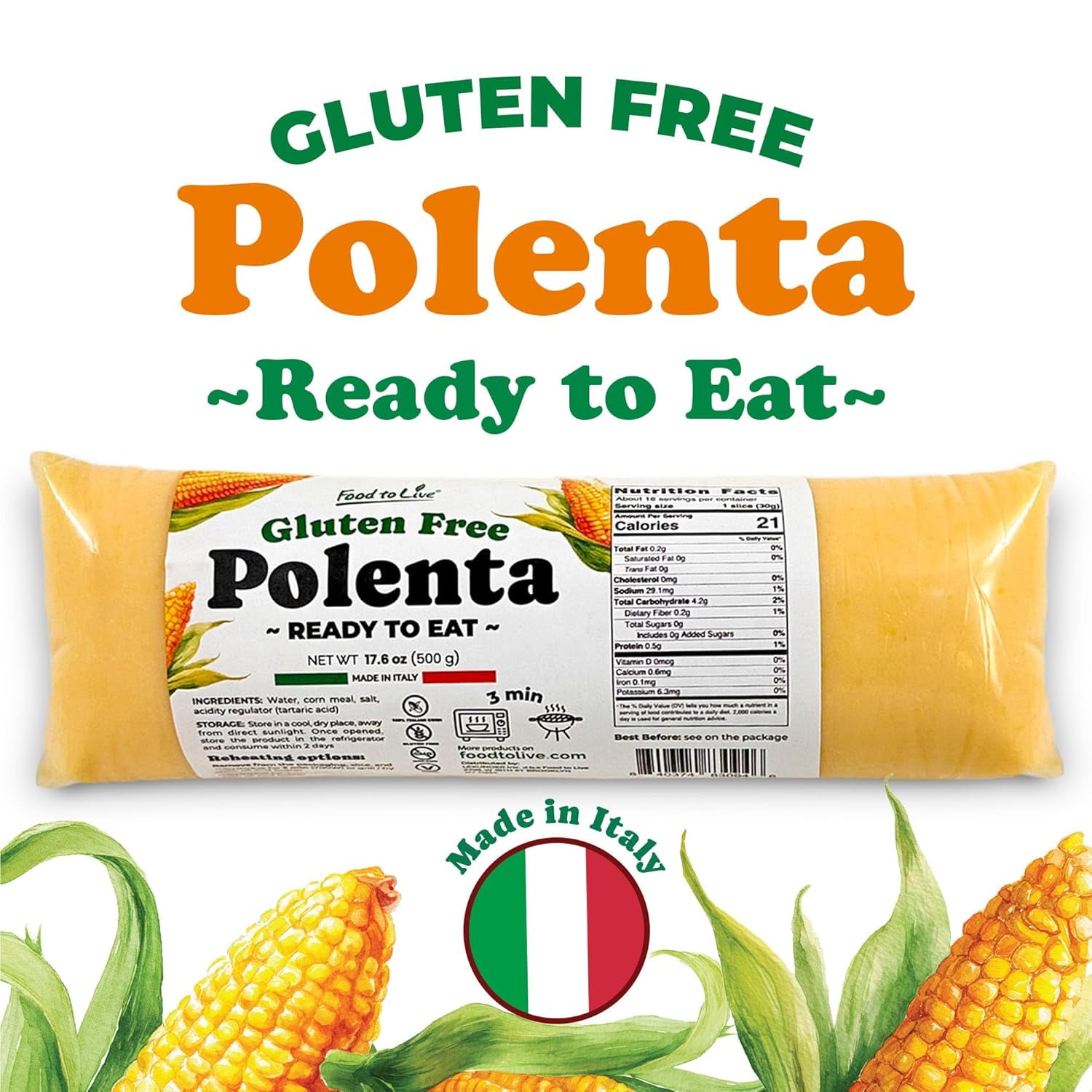 Food To Live Gluten-Free Polenta Ready To Eat, 17.6oz (500g) – Traditional Italian Pre-cooked Yellow Cornmeal, Vegan (Pack of 12)
