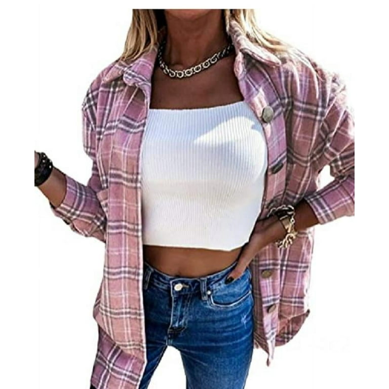 XFLWAM Womens Cropped Plaid Shacket Turndown Collar Long Sleeve Button Down  Short Flannel Shirt Jacket with Pockets Yellow S