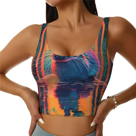 Qokaie Neon Rabbit In Archway Pattern Womens Scoop Neck Sports Bra Breathable Workout Vest Padded U Back Medium Impact Fitness Gym Yoga Bra Workout Crop Top-X-Large