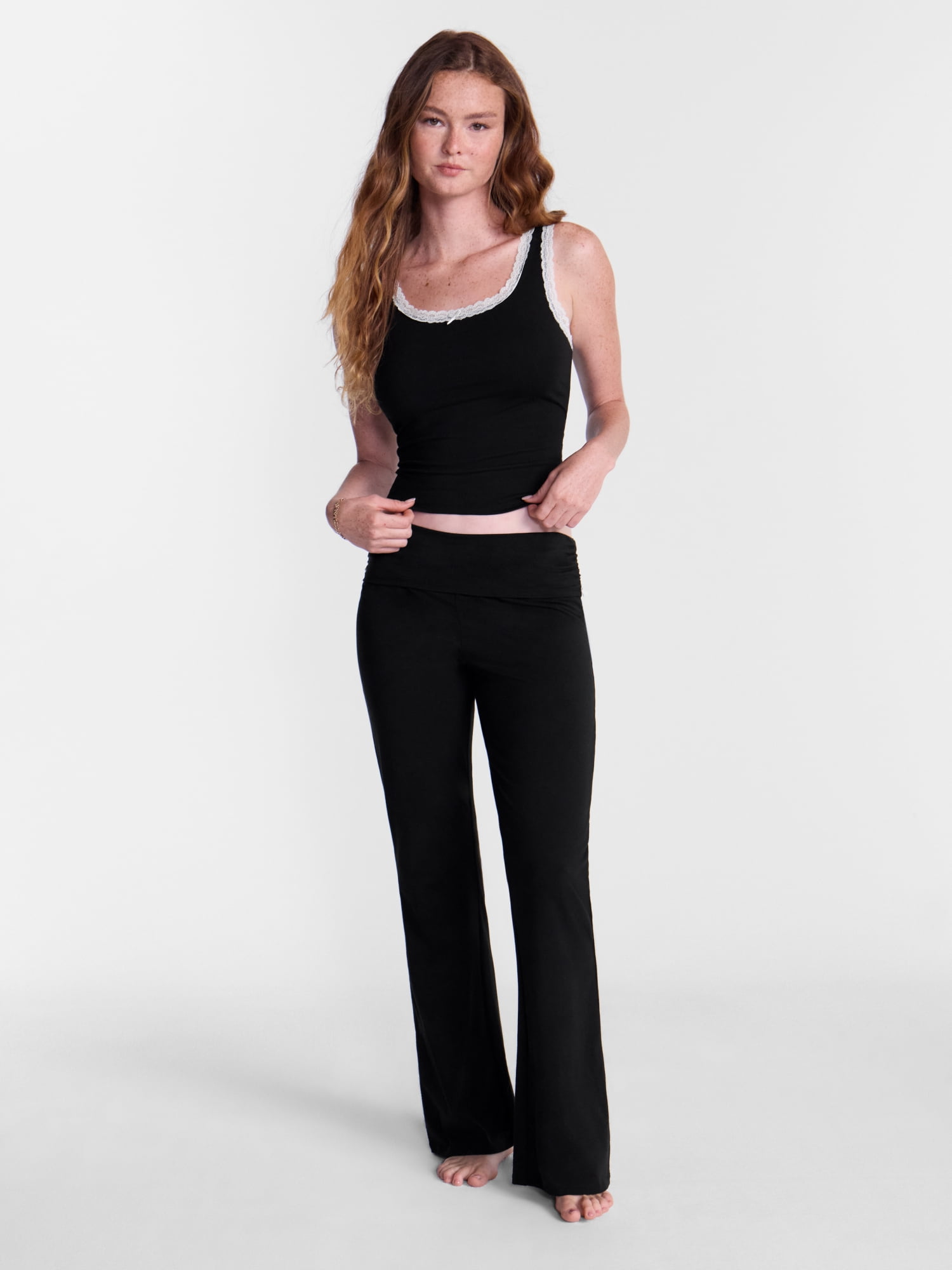No Boundaries Cotton Blend Jersey Sleep Foldover Pants, 31'' Inseam, Women’s XXS-3X