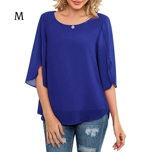 Chemise Femme en Mousseline de Soie Demi-Manches Chemise Femme Top Été Col Rond Blouse Décontractée, Bleu, M