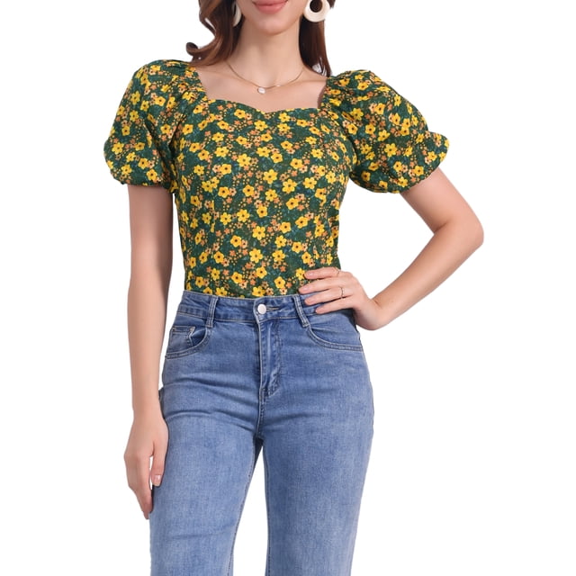 BLUSA FLORAL PARA MUJERES INSPIRE CHIC CON ESCOTE EN CORAZÓN, MANGAS ABULLONADAS Y ESPALDA ELÁSTICA, TOP CASUAL VERDE OLIVA TAMAÑO S