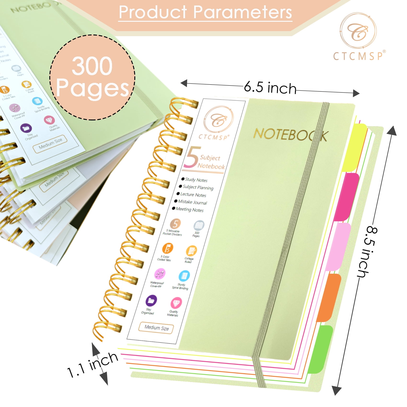5 Subject Spiral Notebook with Removable Dividers Tabs Hardcover Notebook Journal for Women Men,Perfect for Academic Supplies,College Ruled,300 Pages