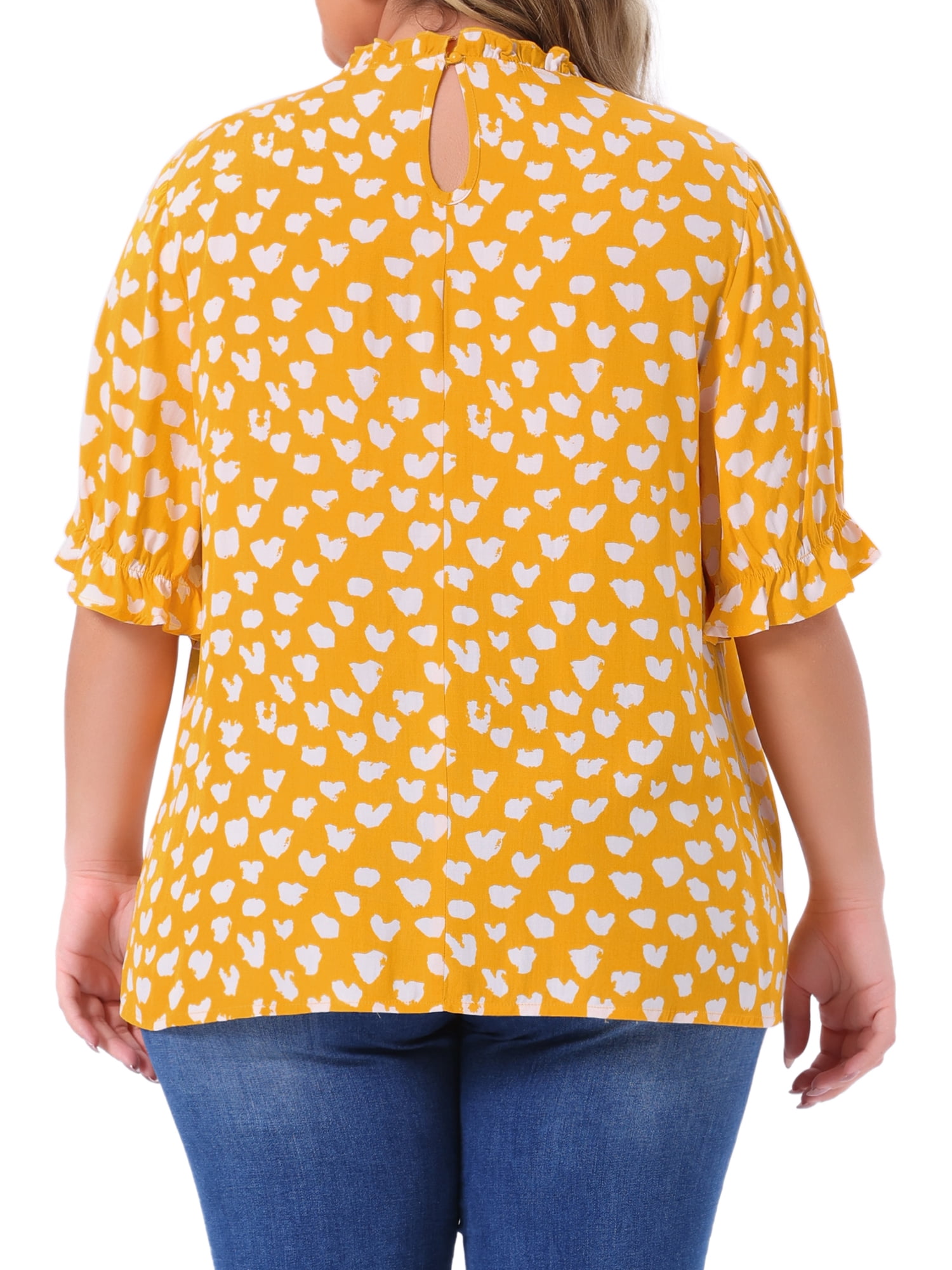 DARING DIVA Women's Plus Polka Dots Print Ruffle Hem Mock Neck Blouse 2X Yellow