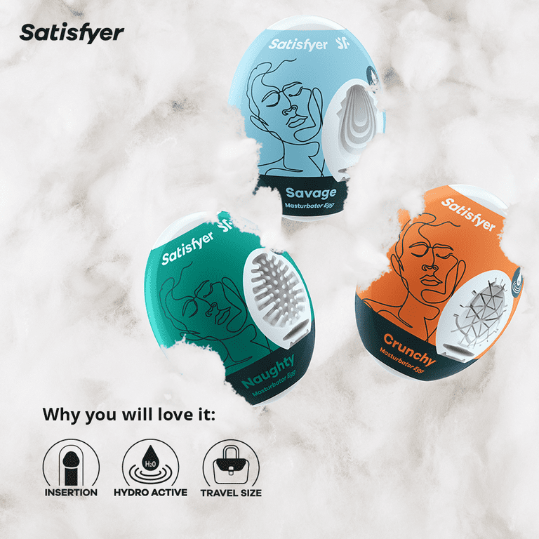 Satisfyer Masturbator Egg 3 pack - Stroker for Male Masturbation, Portable  Pleasure Sleeve, Super-Stretchy, No Lubricant Required, Disposable,  Single-Use (Naughty, Savage, Crunchy)