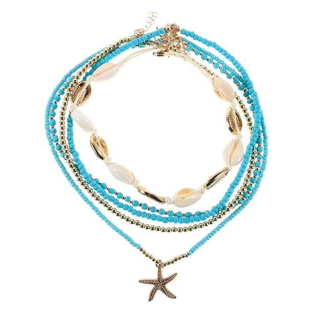 5 collares bohemios multicapa con conchas, estrellas de mar y cuentas de arroz, joyería de moda para mujer, para playa, verano y ropa informal.