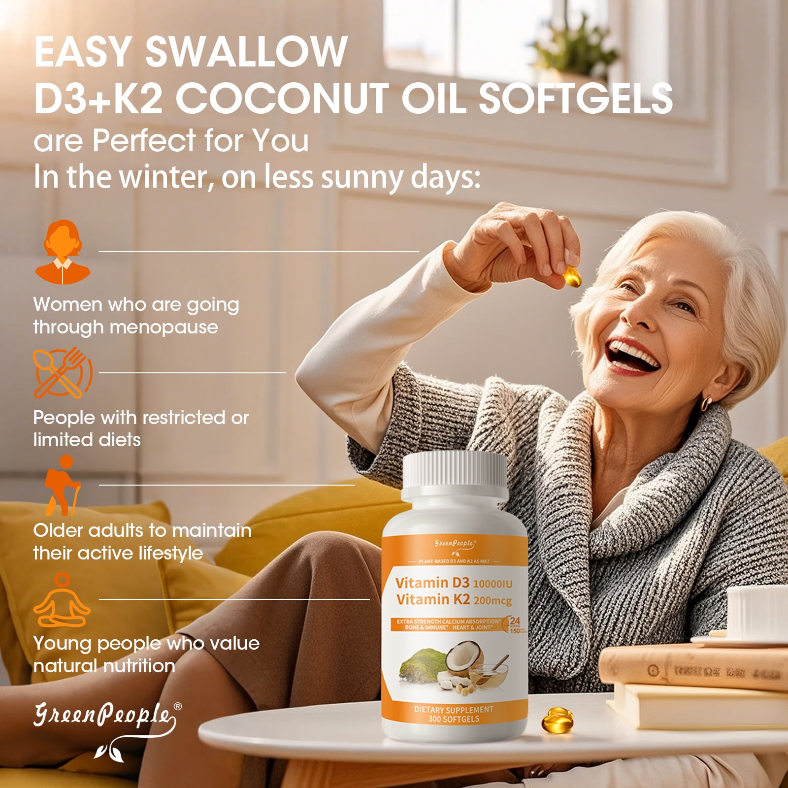 D3K2 Vitamin D3 10000 IU + Vitamin K2 (MK-7) 200mcg w/Virgin Coconut MCT Oil | 300 Count