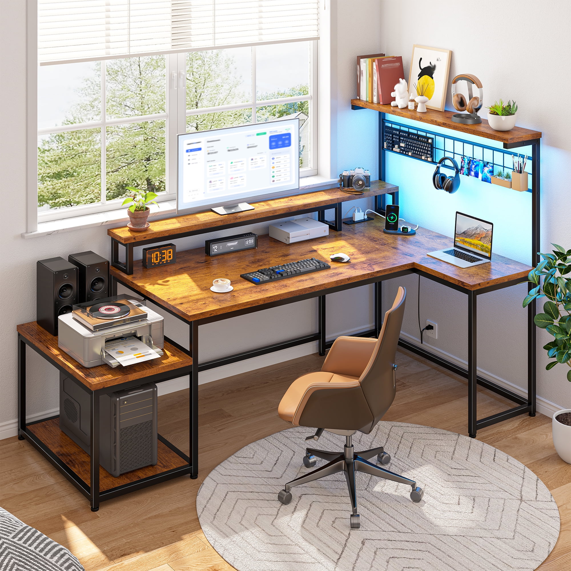 Romorgniz 63.5"W L Shaped Computer Desk with LED Lights & Power Outlets, Gaming Desk with Monitor Stand, Printer Stand & Storage Shelves for Home Office, Rustic Brown