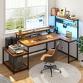 thumbnail image 5 of Romorgniz 55.6"W L Shaped Computer Desk with LED Lights & Power Outlets, Gaming Desk with Monitor Stand, Printer Stand & Storage Shelves for Home Office, Rustic Brown, 5 of 10